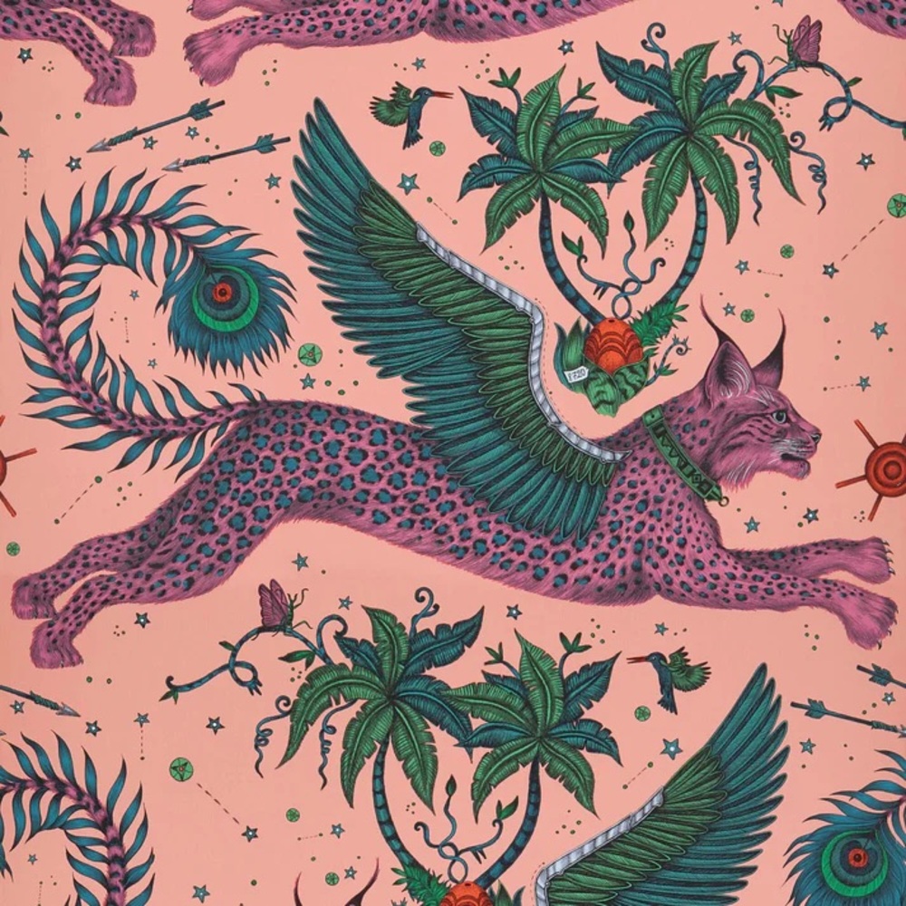 Magical Winged Lynx with Peacock Tail Wallpaper in Coral, Pink, Blue and Green